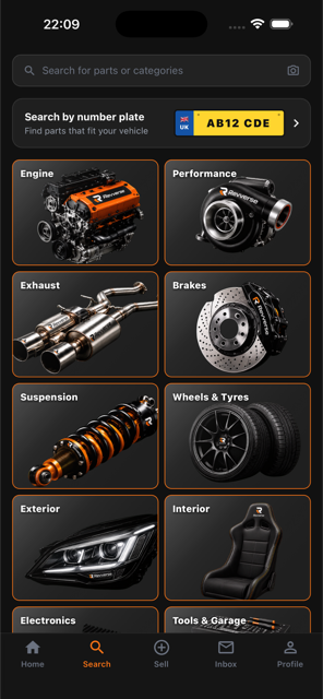 Revverse number plate search screen with part categories